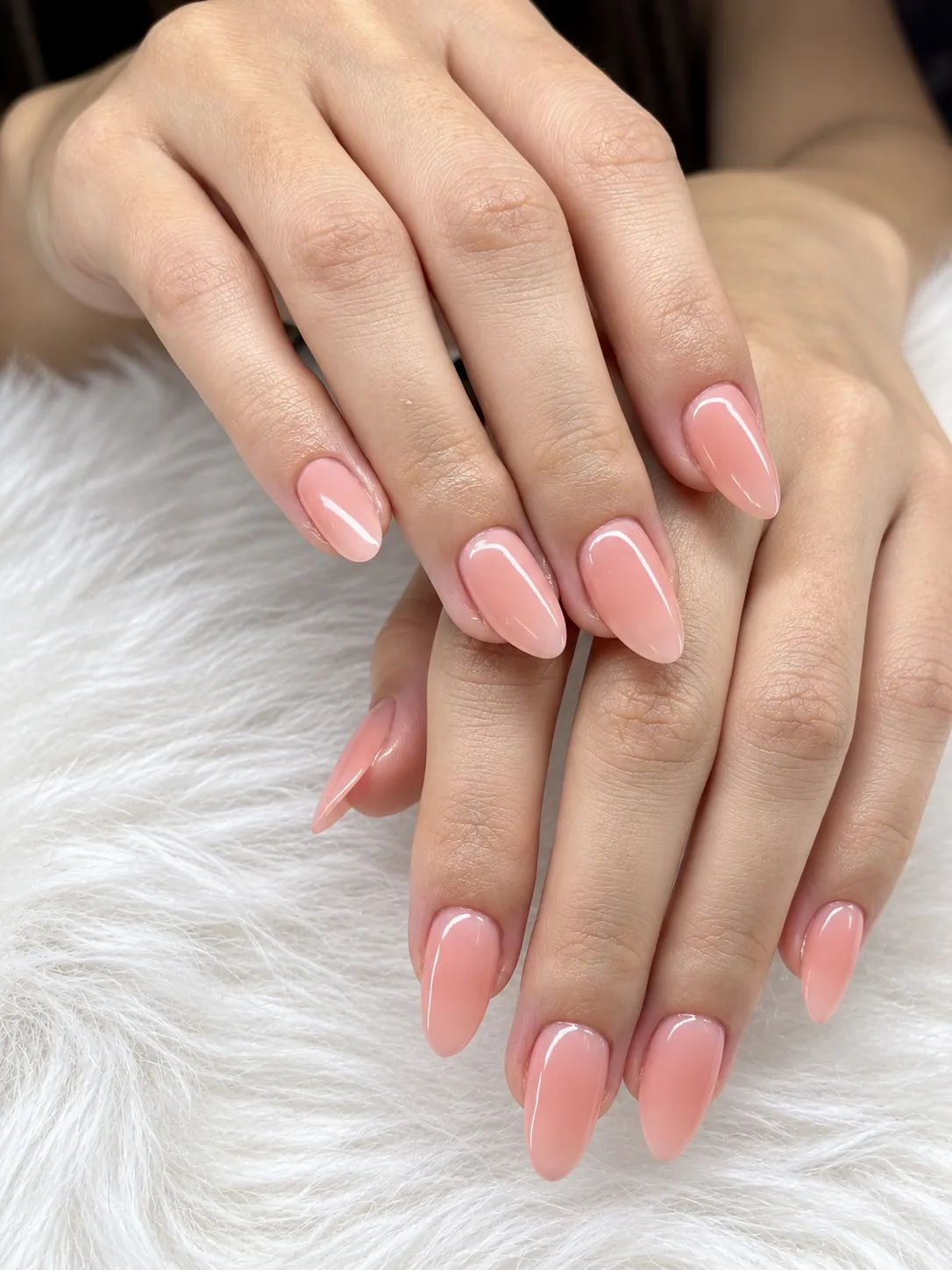 Sheer peach jelly almond nails by KC at AyuriNails Beauty Lounge